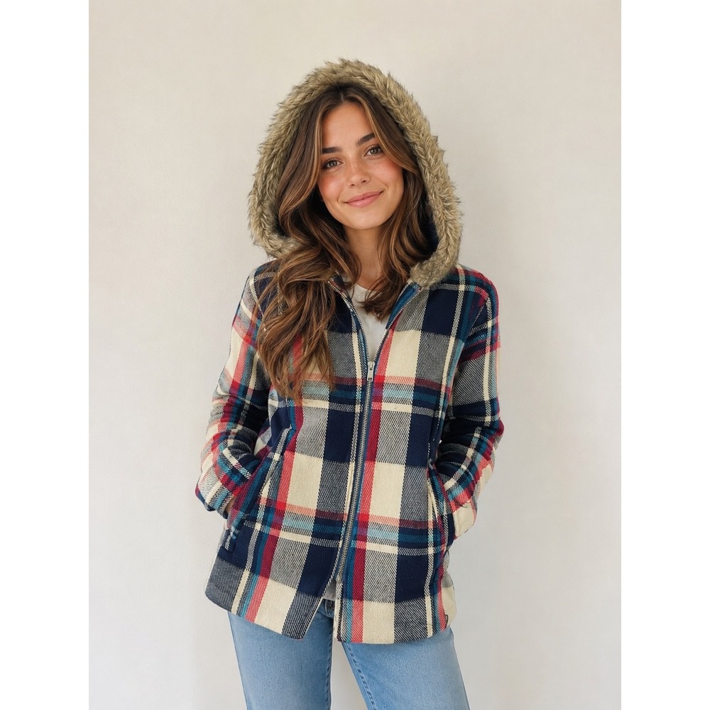Altar'd State Womens Plaid Faux Fur Trim Hooded Zip Jacket Navy Cream Red Sz S